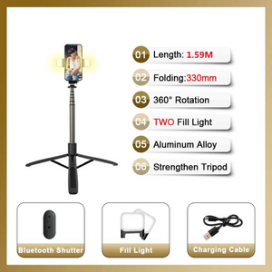 Bluetooth Selfie Stick | Foldable Tripod Monopod With Fill Light For Smartphones & Action Cameras